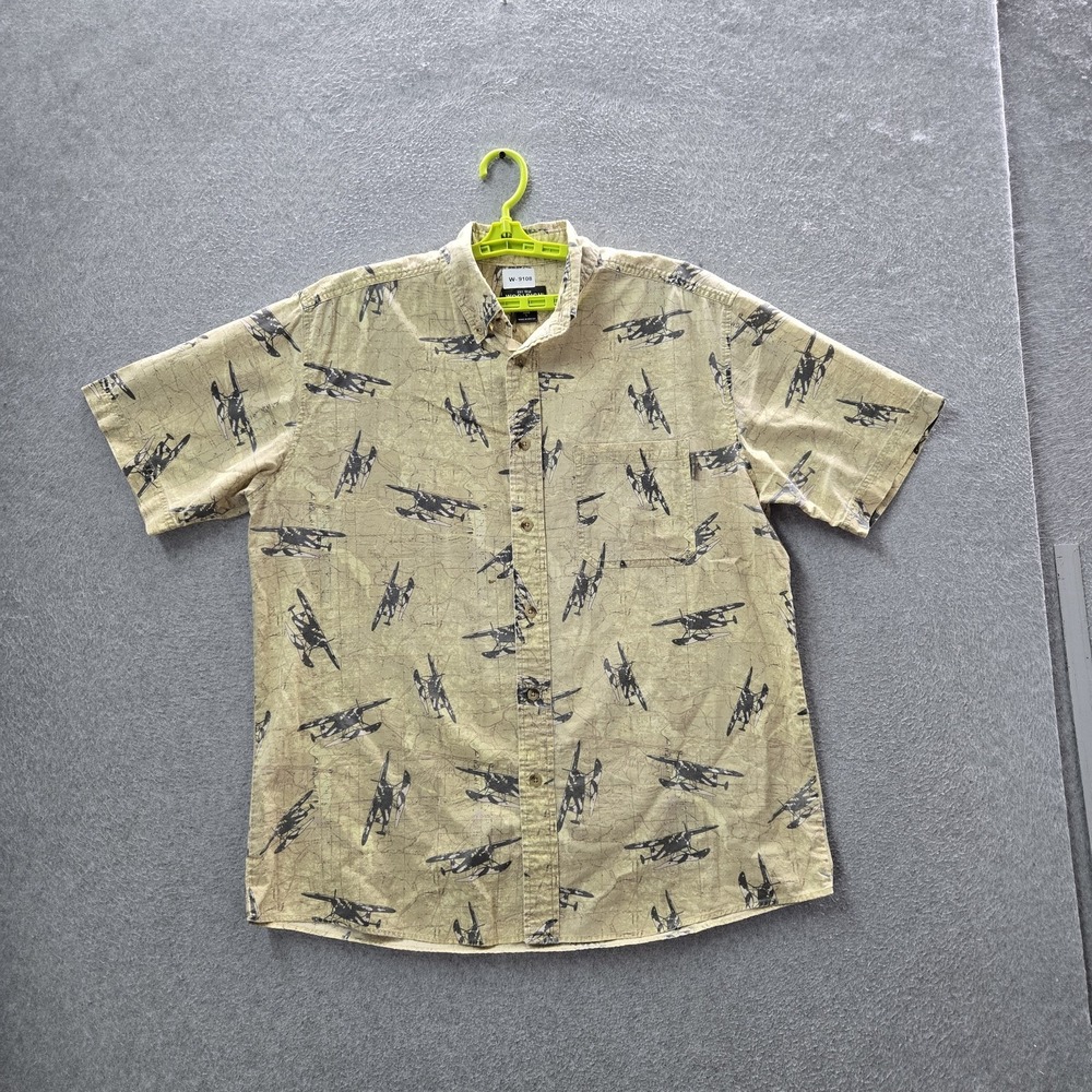Woolrich Men Button Up Shirt L Beige Graphic Airplanes Short Sleeve